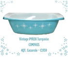 RARE Vintage PYREX Large 4 QT Turquoise Casserole Dish-COMPASS C1959
