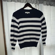 LOFT Petites SP Navy White Striped Long Sleeve Pullover Sweater Crew Neck Knit
