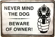 TIN SIGN 8x12 new warning dog gun security business revolver beware vintage A17