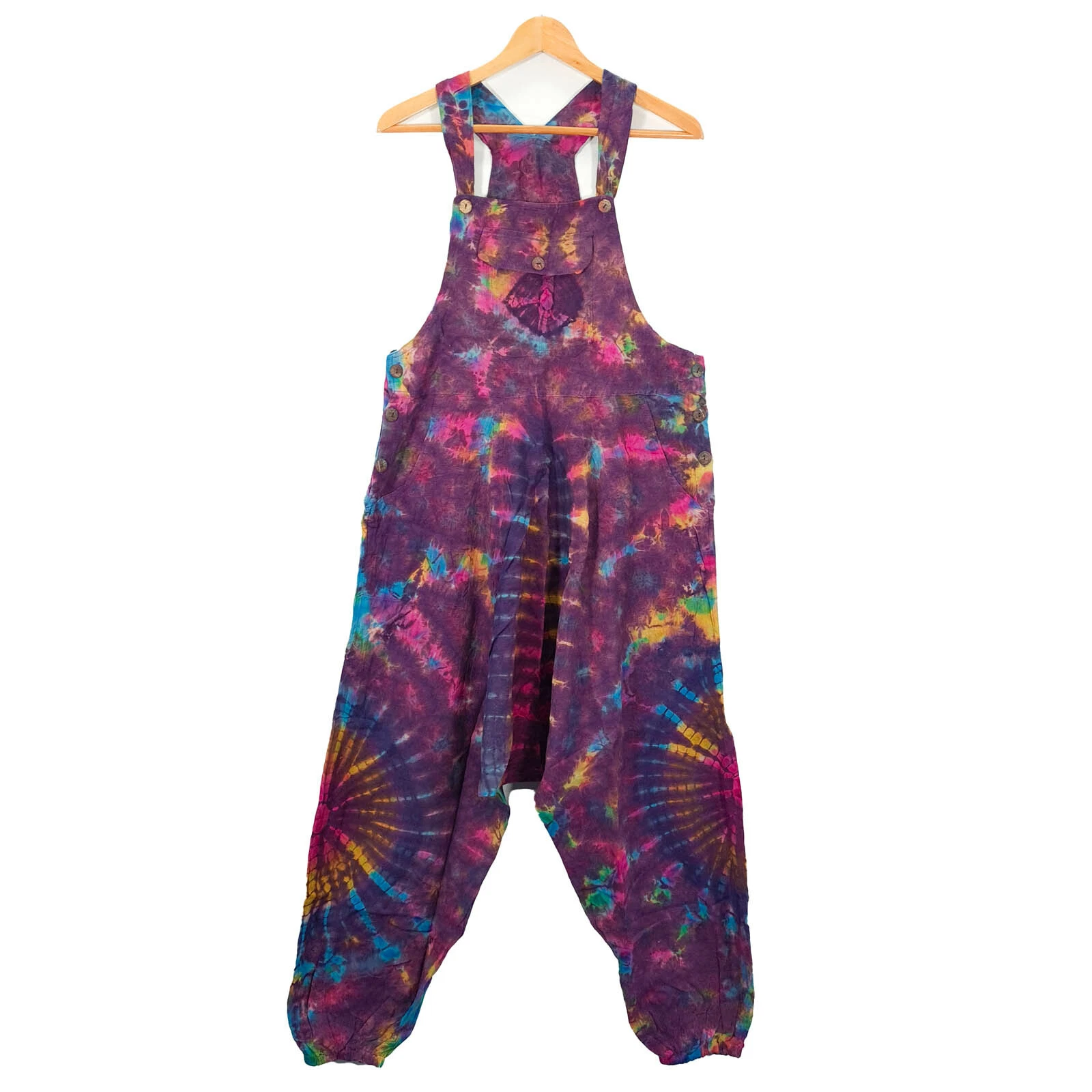 Boho Overalls Tie Dye Purple Playsuit Festival Summer Hippie Pockets Comfortable