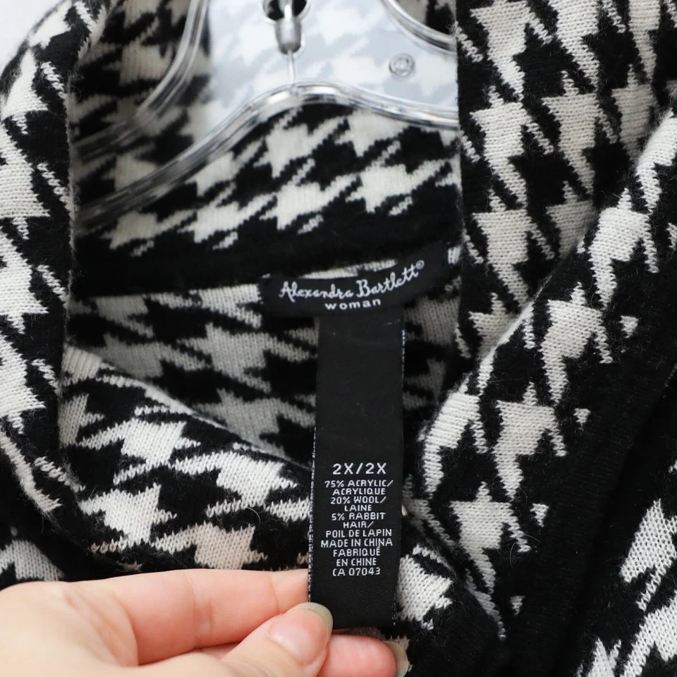 Cárdigan pata de gallo Alexandra Bartlett negro blanco punto suéter talla grande 2X Foto 3 de 4