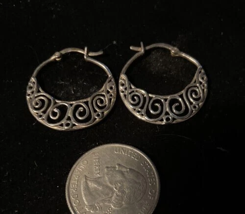 Винтажные плоские открытые филигранные серьги-кольца из чистого серебра юго-западные обручи - Изображение 3 из 3