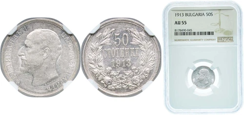Bulgaria 1913 50 Stotinki Silver 835 NGC AU 55