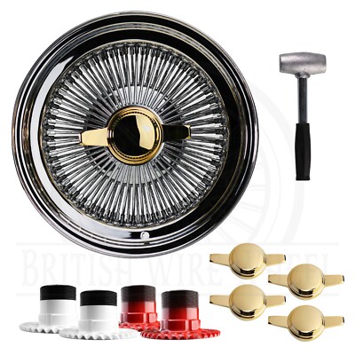 15x7 Std 100 Spoke Straight Lace Lowrider Wire Wheels, Zenith Gold KO Caps, Set