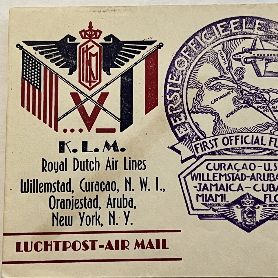 CURAZAO KLM 1943 PRIMER VUELO CUBIERTA REAL LÍNEAS AÉREAS HOLANDESAS CACHÉT Foto 2 de 4