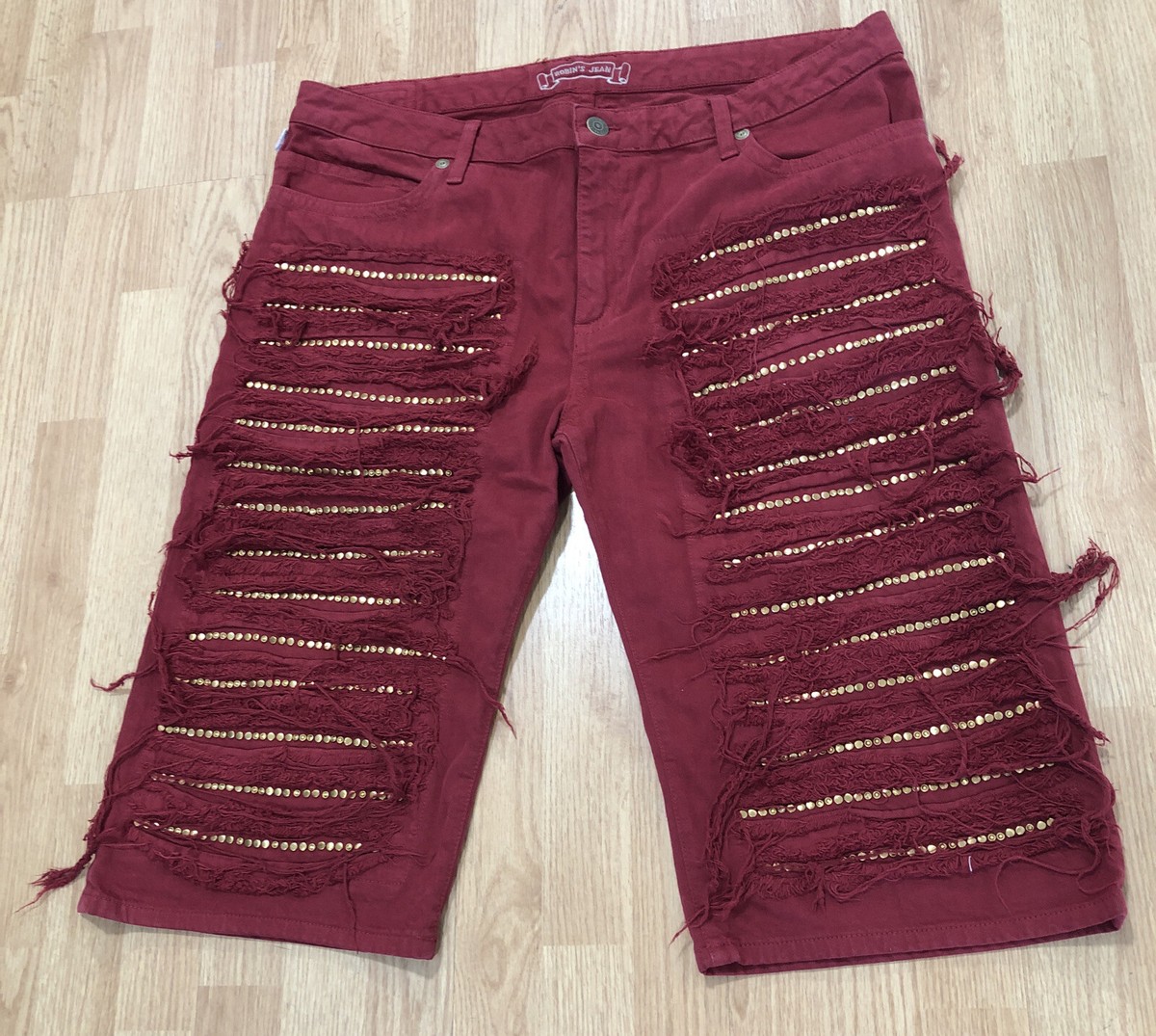 Robin's Jeans Mens Jean Shorts Destroyed Red/Gold Studs torn denim