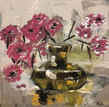 Dipinto Acrilico Su Tela Astratto Still Life Fiori Soggiorno Salotto 30x30