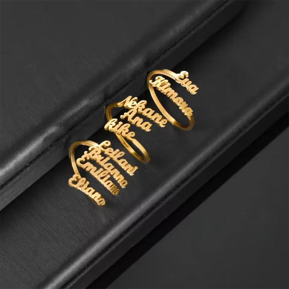 Custom 1-4 Multiple Name Ring Gold Silver Stainless Steel Jewelry Women Band - Image 2 of 4