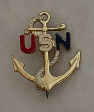 Vintage STERLING/Gold tone US NAVY Enameled HAT Lapel Pin USN Anchor w/ Rope