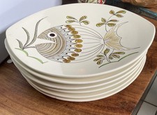 Faïencerie Salins France Lot de 6 assiettes ovales décor poisson 25 cm  