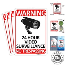 4-Pack 24-Hour Video Surveillance No Trespassing Signs - 10''x7'' Aluminum, R...