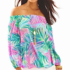 Lilly Pulitzer Off the Shoulder Adira Silk Top Size L Scarlet Macaw Tropical