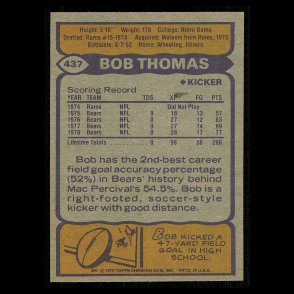 Bob Thomas #437 1979 Topps Chicago Bears Football Card NFL NM - Image 2 of 3