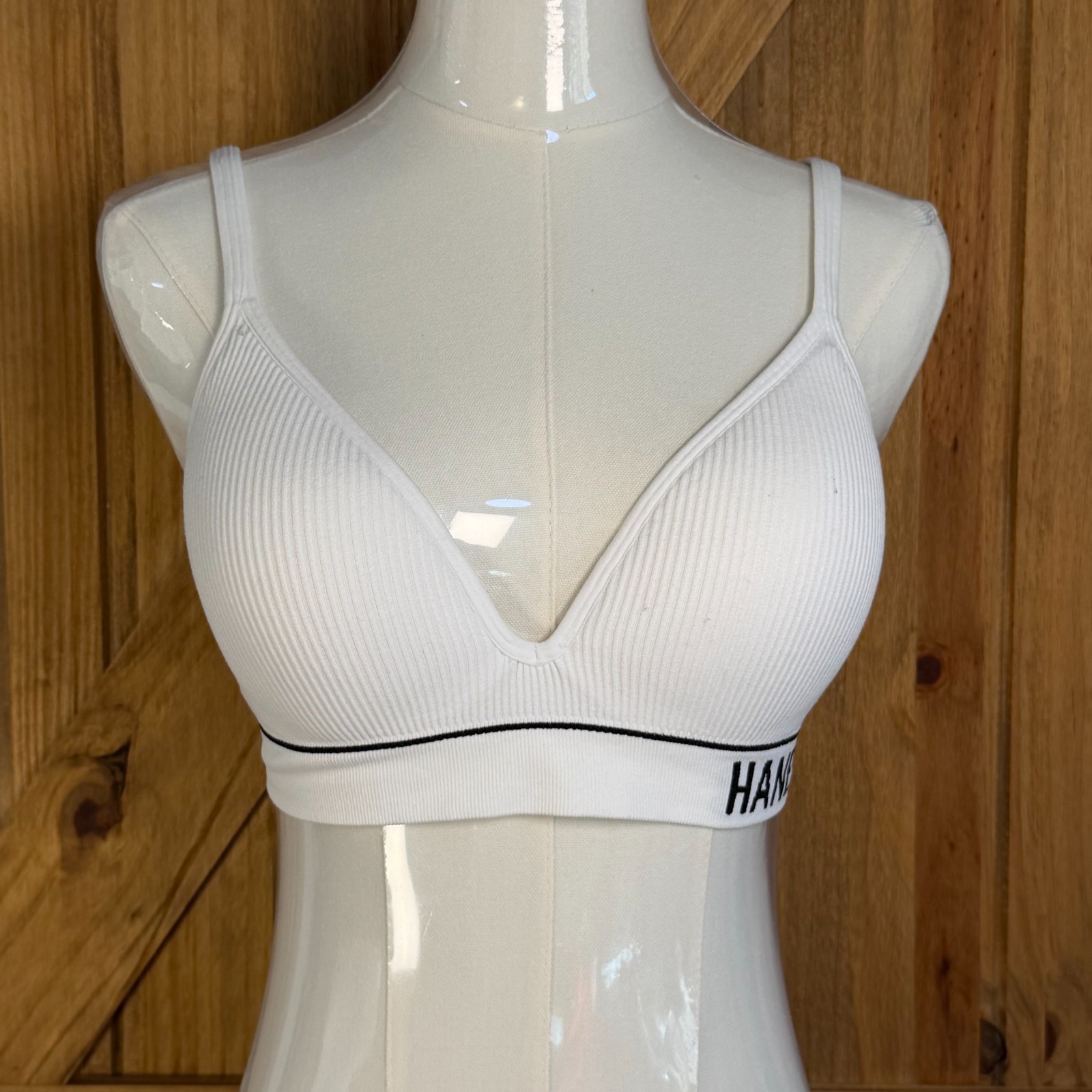 Hanes Bralette Bra Women Ribbed Wireless Stretch White Size M-image