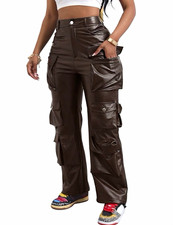 Women  s Brown Leather Cargo Straight Leg Pants Button Pockets Mid Rise