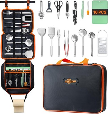 Portable Camping Cooking Utensils Set, Camp Kitchen Set with Organizer Bag, RV E