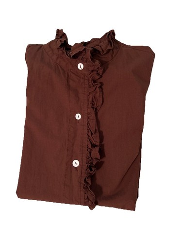 Mille Brown Button Blouse Top 100% Cotton SZ S Ruffle Front Sleeve Short Sleeve - Picture 7 of 12