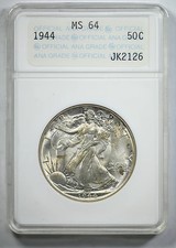 1944 Walking Liberty mezzo dollaro 50C ANA portasapone MS64