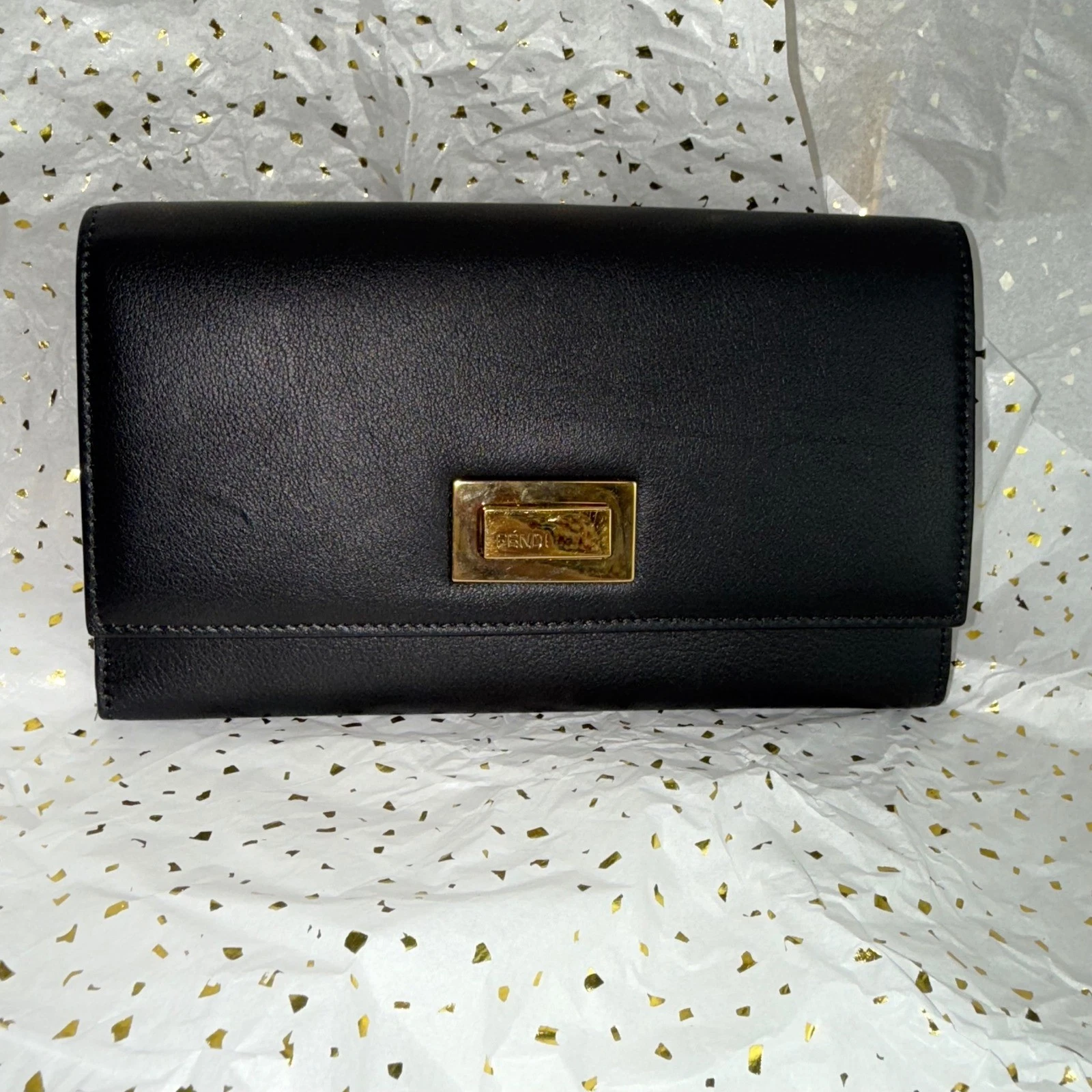 Fendi — Fendi Roma Black Leather Authentic Continental Wallet Clutch Gold Hardware