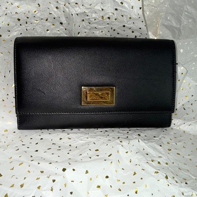 Fendi Roma Black Leather Authentic Continental Wallet Clutch Gold Hardware