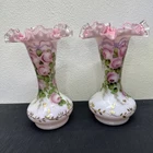 RARE Pair of Vintage Fenton Peach Crest Vases c. 1940-42, Charleton Rose