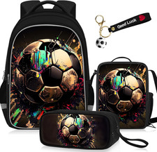School Backpack for Boys - 4Pcs Soccer Boys Backpack with Lunch Box and Pencil C
