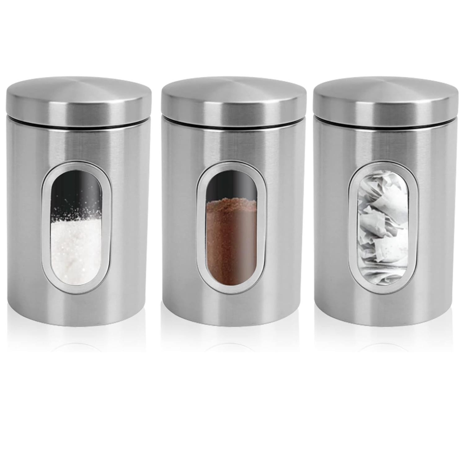 3 Piece Kitchen Canister Set Coffee Tea Sugar Caddy Silver