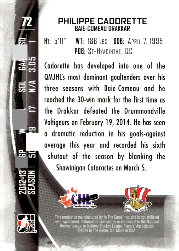 Philippe Cadorette - Signed 2013-14 In The Game Between The Pipes Card #72 - Image 2 of 2