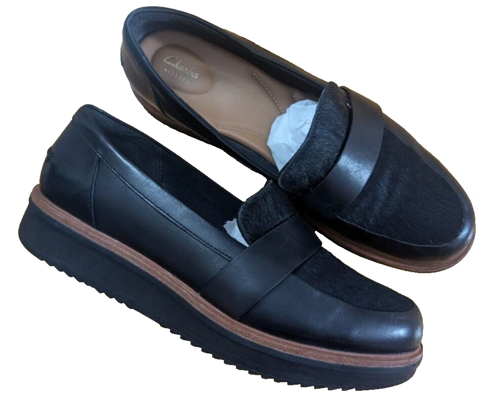 Mocassini CLARKS Artisan neri con plateau taglia 7D punta in pelle e pelliccia in ottime condizioni