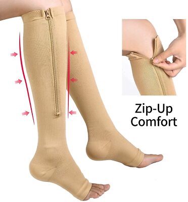 Zipper Open Toe Compression Socks for Men Women DVT Support Stockings 20-30mmHg