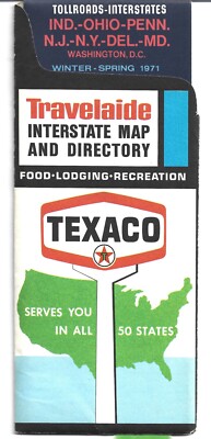 1971 Texaco TRAVELAIDE  INTERSTATE MAP & DIRECTORY IND. OHIO PA. NJ. NY. DEL. MD