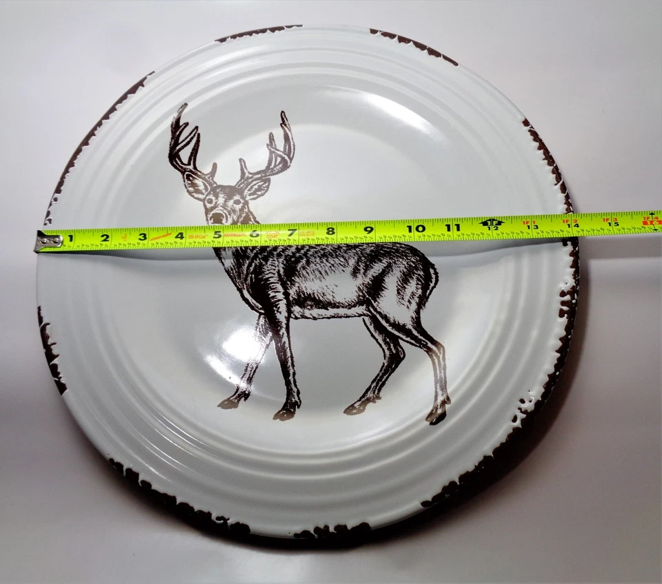 Plato grande de 14" para servir carne de filete de cerámica con patrón de ciervo redondo tallado con volantes Foto 3 de 4