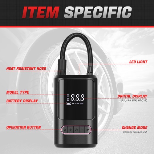 Bomba de Aire Inalámbrica Rosa 150PSI Neumático Coche Motocicletas con Batería de Carga USB de 4000mAh - Imagen 3 de 8