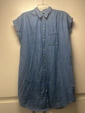 Blue Denim Shirt Dress Collared Cap Sleeve Button Knee Length Women's Classic
