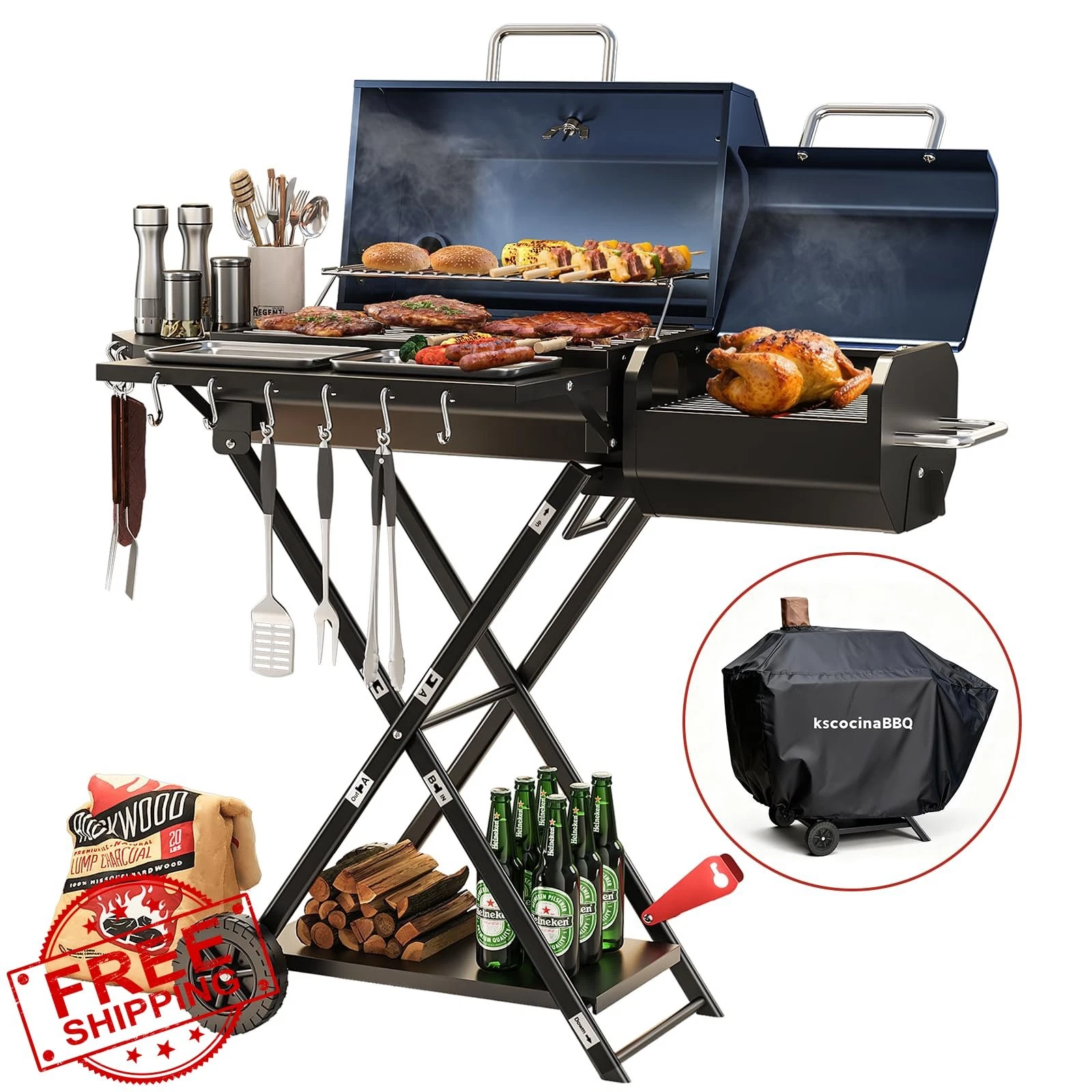 kscocina Portable Charcoal Grill Blue Foldable Suitcase Smoker Wheels