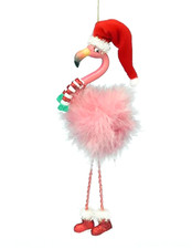 KURT ADLER 7.5" FLAMINGO w/SANTA HAT, FEATHERS  DANGLE LEGS XMAS ORNAMENT W6647