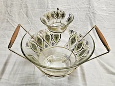 Irene PASINSKI Vtg MCM Glass Avocado 22K Gold Chip and Dip Bowl Set READ