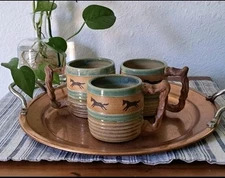 Studio Pottery Mug Galloping Horse Formed Handle Rustic Set Of 3 Cowboy Country 