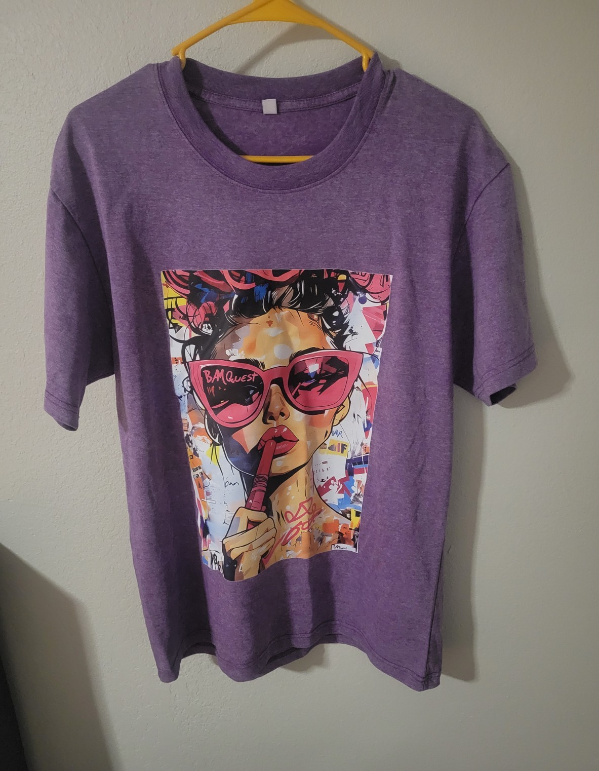 Purple Graphic Jersey T-Shirt With Art Print, Crew Neck, Short Sleeve, Men M