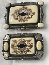 Old Heavy Pair OOAK Sterling Silver Belt Buckles His Her Onyx Inlay Signed Rare