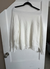 White Knit Off Shoulder Pullover Sweater Long Sleeve Solid L Women Regular