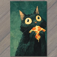 POSTCARD Black Cat Eating Slice Pizza Funny Quirky Humor Animal Lovers Cute Art