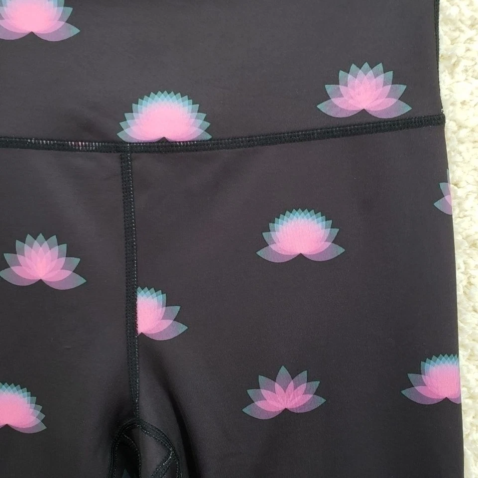 FP Movement Free People women US Small black leggings pink lotus flowers poly - Image 2 of 4