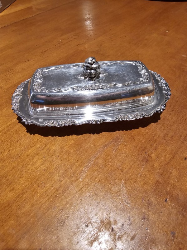 Victorian Silverplate Ornate Antique Butter Dish with Lid Floral Edge Design