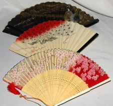 Vintage ASIAN Folding FANS Lot of 3 9" DECORATIVE Designs PEACOCK Floral BLACK