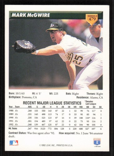 1993 Donruss Mark McGwire #479 Baseball Oakland Athletics - Picture 2 of 2