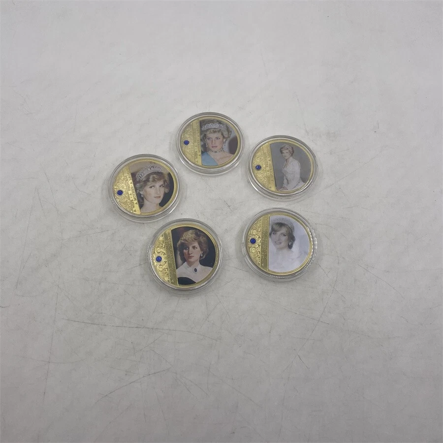 Moneda conmemorativa de princesa Diana con diamante chapado en oro con caja 5 piezas Foto 2 de 4