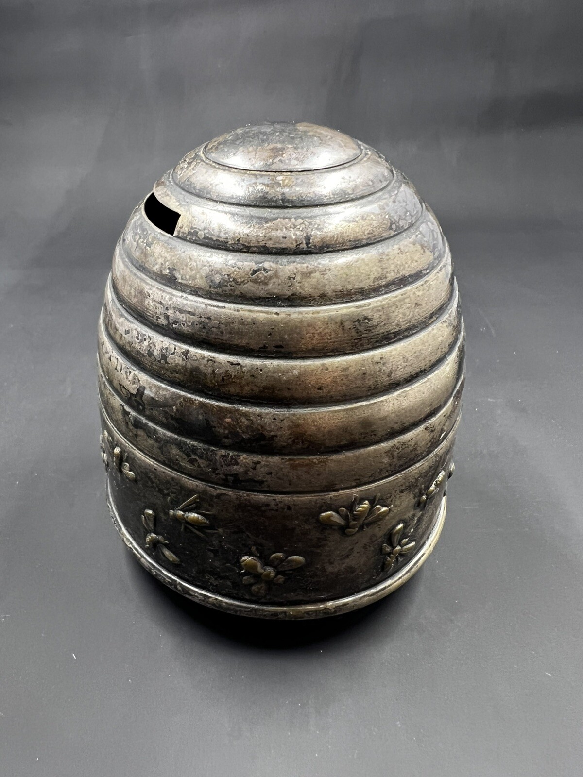 Vintage DANA DFA Danish Silver-Plated Beehive Coin Bank w/ Embossed Bees