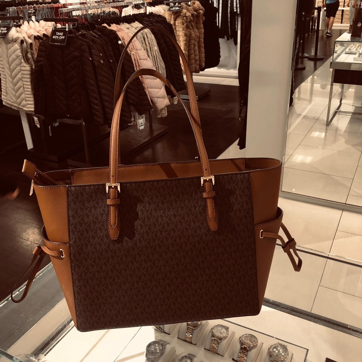 Michael Kors Gilly Large Top Zip Shoulder Tote Brown MK Signature  