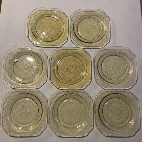 Set 8 Vintage Amber Yellow Madrid Federal Depression Glass 7.5" Salad Plates